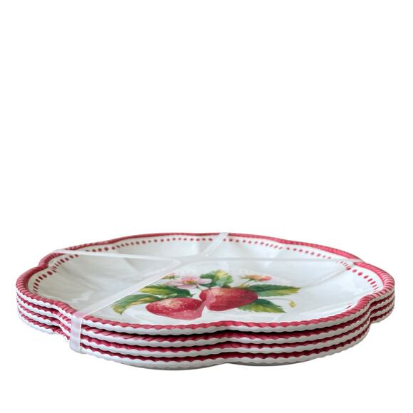 Summer Strawberry Melamine Dinner Plates 11in Set of 4 Scalloped Edge NEW - Picture 4 of 12
